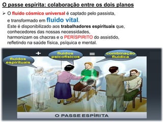 O passe espírita: colaboração entre os dois planos
 O fluido cósmico universal é captado pelo passista,
e transformado em fluido vital.
Este é disponibilizado aos trabalhadores espirituais que,
conhecedores das nossas necessidades,
harmonizam os chacras e o PERÍSPIRITO do assistido,
refletindo na saúde física, psíquica e mental.
 