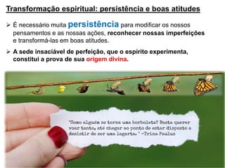 Transformação espiritual: persistência e boas atitudes
 É necessário muita persistência para modificar os nossos
pensamentos e as nossas ações, reconhecer nossas imperfeições
e transformá-las em boas atitudes.
 A sede insaciável de perfeição, que o espírito experimenta,
constitui a prova de sua origem divina.
 