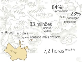 84%
                                         internautas
                                                       23%
                                             ou     população
                                                  brasileira!
                        33 milhões
                              unique
                              visitors
O   Brasil   é o país
             em que o Youtube mais   cresce


                              7,2 horas           /usuário
 