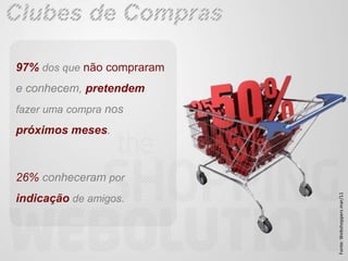 97% dos que não compraram
e conhecem, pretendem
fazer uma compra nos
próximos meses.



26% conheceram por




                            Fonte: Webshoppers mar/11
indicação de amigos.
 