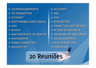 OUTERNET
RSS
SMS
PODCASTING
MARKETING EXPERIÊNCIA
ATIVOS INTANGIVEIS
PALAVRAS PATROCINADAS
OUTERNET
RSS
SMS
PODCASTING
MARKETING EXPERIÊNCIA
ATIVOS INTANGIVEIS
PALAVRAS PATROCINADAS
GEOPROCESSAMENTO
TELEMARKETING
INTERNET
RESPONSABILIDADE SOCIAL
CRM
BLOG’S
RASTREAMENTO DE BOATOS
GEOPROCESSAMENTO
TELEMARKETING
INTERNET
RESPONSABILIDADE SOCIAL
CRM
BLOG’S
RASTREAMENTO DE BOATOS PALAVRAS PATROCINADAS
BUSCA ORGÂNICA
BUZZ MARKETING
PARADA GAY
PALAVRAS PATROCINADAS
BUSCA ORGÂNICA
BUZZ MARKETING
PARADA GAY
RASTREAMENTO DE BOATOS
ADVERGAMES
MOBILE MARKETING
SECOND LIFE
RASTREAMENTO DE BOATOS
ADVERGAMES
MOBILE MARKETING
SECOND LIFE
 