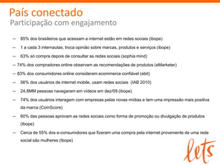 País conectado
Participação com engajamento
―   85% dos brasileiros que acessam a internet estão em redes sociais (ibope)

―   1 a cada 3 internautas, troca opinião sobre marcas, produtos e serviços (ibope)

―   63% só compra depois de consultar as redes sociais (sophia mind)

― 74% dos compradores online observam as recomendações de produtos (eMarketer)

― 83% dos consumidores online consideram ecommerce confiável (ebit)

―   56% dos usuários de internet mobile, usam redes sociais (IAB 2010)

―   24,8MM pessoas navegaram em vídeos em dez/09 (ibope)

―   74% dos usuários interagem com empresas pelas novas mídias e tem uma impressão mais positiva
    da marca (ComScore)

―   60% das pessoas aprovam as redes sociais como forma de promoção ou divulgação de produtos
    (Ibope)

―   Cerca de 55% dos e-consumidores que fizeram uma compra pela internet proveniente de uma rede
    social são mulheres (Ibope)
 