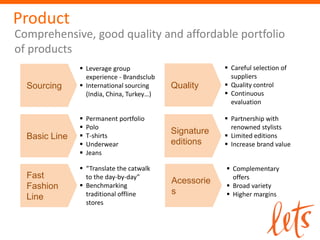 Product
Comprehensive, good quality and affordable portfolio
of products
                Leverage group                         Careful selection of
                 experience - Brandsclub                 suppliers
  Sourcing      International sourcing    Quality      Quality control
                 (India, China, Turkey…)                Continuous
                                                         evaluation

                  Permanent portfolio                  Partnership with
                  Polo                                  renowned stylists
                  T-shirts
                                           Signature    Limited editions
  Basic Line
                  Underwear               editions     Increase brand value
                  Jeans

                “Translate the catwalk                 Complementary
  Fast           to the day-by-day”                      offers
                Benchmarking
                                           Acessorie
  Fashion                                               Broad variety
                 traditional offline       s            Higher margins
  Line
                 stores
 