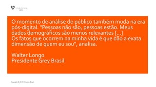Copyright © 2015 YDreams Brasil..
O momento de análise do público também muda na era
pós-digital. "Pessoas não são, pessoas estão. Meus
dados demográficos são menos relevantes [...]
Os fatos que ocorrem na minha vida é que dão a exata
dimensão de quem eu sou", analisa.
Walter Longo
Presidente Grey Brasil
 