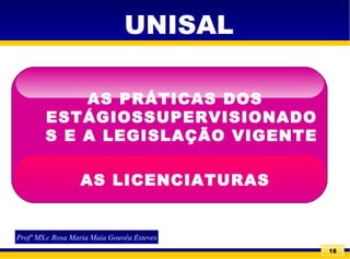 18
AS PRÁTICAS DOS
ESTÁGIOSSUPERVISIONADO
S E A LEGISLAÇÃO VIGENTE
AS LICENCIATURAS
UNISAL
Profª MS.c Rosa Maria Maia Gouvêa Esteves
 