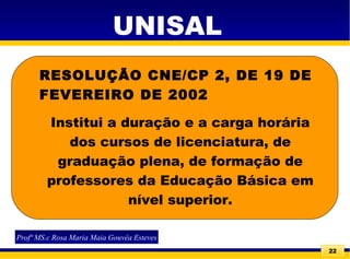 22
RESOLUÇÃO CNE/CP 2, DE 19 DE
FEVEREIRO DE 2002
Institui a duração e a carga horária
dos cursos de licenciatura, de
graduação plena, de formação de
professores da Educação Básica em
nível superior.
Profª MS.c Rosa Maria Maia Gouvêa Esteves
UNISAL
 