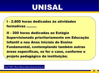 26
Profª MS.c Rosa Maria Maia Gouvêa Esteves
UNISAL
I - 2.800 horas dedicadas às atividades
formativas .........
II - 300 horas dedicadas ao Estágio
Supervisionado prioritariamente em Educação
Infantil e nos Anos Iniciais do Ensino
Fundamental, contemplando também outras
áreas específicas, se for o caso, conforme o
projeto pedagógico da instituição;
 