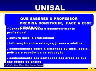 7
UNISAL
Profª MS.c Rosa Maria Maia Gouvêa Esteves
Conhecimentos para o desenvolvimento
profissional.
. cultura geral e profissional
. informação sobre crianças, jovens e adultos
. conhecimento sobre a dimensão cultural, social,
política e econômica da educação
. conhecimento dos conteúdos das áreas de que
são objeto de ensino
QUE SABERES O PROFESSOR
PRECISA CONSTRUIR, FACE A ESSE
CENÁRIO?
 