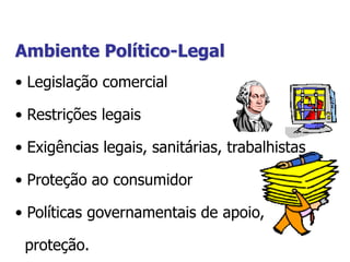 Ambiente Político-Legal
• Legislação comercial
• Restrições legais
• Exigências legais, sanitárias, trabalhistas
• Proteção ao consumidor
• Políticas governamentais de apoio,
proteção.
 