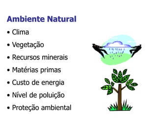 Ambiente Natural
• Clima
• Vegetação
• Recursos minerais
• Matérias primas
• Custo de energia
• Nível de poluição
• Proteção ambiental
 