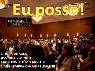 1 HORA DE AULA
ASSÍMILA 2 MINUTOS
EM 3 DIAS RETÉM 1 MINUTO
1 MÊS LEMBRA O MAIS RELEVANTE
 