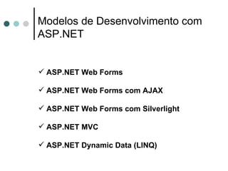 Modelos de Desenvolvimento com ASP.NET ASP.NET Web Forms ASP.NET Web Forms com AJAX ASP.NET Web Forms com Silverlight   ASP.NET MVC ASP.NET Dynamic Data   (LINQ)   