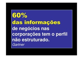 60%
das informações
de negócios nas
corporações tem o perfil
não estruturado.
Gartner
 