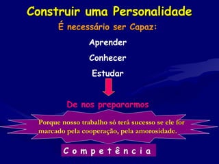 Construir uma PersonalidadeConstruir uma Personalidade
É necessário ser Capaz:
Aprender
Conhecer
Estudar
De nos prepararmos
Porque nosso trabalho só terá sucesso se ele for
marcado pela cooperação, pela amorosidade.
C o m p e t ê n c i a
 