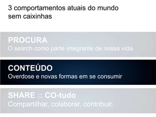 3 comportamentos atuais do mundo
sem caixinhas

PROCURA
O search como parte integrante de nossa vida.

CONTEÚDO
Overdose e novas formas em se consumir

SHARE :: CO-tudo
Compartilhar, colaborar, contribuir.

 