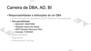 Carreira de DBA, AD, BI
• Responsabilidades e atribuições de um DBA
• Administração de ambientes OLTP (OnLine Transactional)
• Recuperabilidade
• BACKUP / RESTORE
• Múltiplas cópias dos dados
• DRP (Disaster Recovery Plan)
• Exemplo 11/09/2001
• Disponibilidade
• Segurança
• Performance Tunning
 