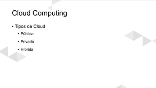 Cloud Computing
• Tipos de Cloud
• Pública
• Privada
• Híbrida
 