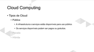 Cloud Computing
• Tipos de Cloud
• Pública
• A infraestrutura e serviços estão disponíveis para uso público.
• Os serviços disponíveis podem ser pagos ou gratuitos.
• Privada
• Híbrida
 