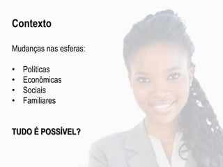 Contexto
Mudanças nas esferas:
• Políticas
• Econômicas
• Sociais
• Familiares
TUDO É POSSÍVEL?
 