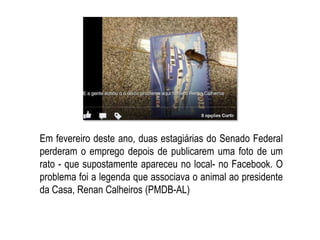 Em fevereiro deste ano, duas estagiárias do Senado Federal
perderam o emprego depois de publicarem uma foto de um
rato - que supostamente apareceu no local- no Facebook. O
problema foi a legenda que associava o animal ao presidente
da Casa, Renan Calheiros (PMDB-AL)
 