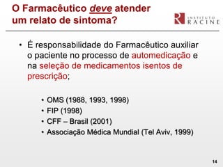 O Farmacêutico deve atender
um relato de sintoma?

 • É responsabilidade do Farmacêutico auxiliar
   o paciente no processo de automedicação e
   na seleção de medicamentos isentos de
   prescrição;

      •   OMS (1988, 1993, 1998)
      •   FIP (1998)
      •   CFF – Brasil (2001)
      •   Associação Médica Mundial (Tel Aviv, 1999)


                                                       14
 
