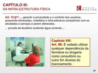CAPÍTULO III:
DA INFRA-ESTRUTURA FÍSICA

 Art. 15 §1º: ... garantir a privacidade e o conforto dos usuários,
 possuindo dimensões, mobiliário e infra-estrutura compatíveis com as
 atividades e serviços a serem oferecidos.
 ... provido de lavatório contendo água corrente...



                                       Capítulo VIII:
                                       Art. 90: É vedado utilizar
                                       qualquer dependência da
                                       farmácia ou drogaria
                                       como consultório ou
                                       outro fim diverso do
                                       licenciamento.
                                                                        39
 