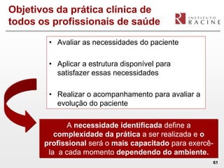Objetivos da prática clínica de
todos os profissionais de saúde

        • Avaliar as necessidades do paciente

        • Aplicar a estrutura disponível para
          satisfazer essas necessidades

        • Realizar o acompanhamento para avaliar a
          evolução do paciente

              A necessidade identificada define a
          complexidade da prática a ser realizada e o
       profissional será o mais capacitado para exercê-
        la a cada momento dependendo do ambiente.
                                                      61
 