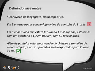 •Tenhavisão de longoprazo, claraeespecífica.
Em 5 anosquero ser a maiorloja online de pantufas do Brasil!
Em 5 anos minha loja estará faturando 1 milhão/ ano, estaremos
com um escritório + CD em Barueri, com 50 funcionários.
Além de pantufas estaremos vendendo chinelos e sandálias de
marca própria, e nossos produtos serão exportados para Europa
e EUA.
Definindo suas metas


 
