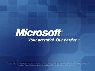 © 2007 Microsoft Corporation. All rights reserved. Microsoft, Windows, Windows Vista and other product names are or may be registered trademarks and/or trademarks in the U.S. and/or other countries.The information herein is for informational purposes only and represents the current view of Microsoft Corporation as of the date of this presentation.  Because Microsoft must respond to changing market conditions, it should not be interpreted to be a commitment on the part of Microsoft, and Microsoft cannot guarantee the accuracy of any information provided after the date of this presentation.  MICROSOFT MAKES NO WARRANTIES, EXPRESS, IMPLIED OR STATUTORY, AS TO THE INFORMATION IN THIS PRESENTATION.