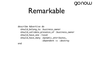 Remarkable
describe Advertise do
  should_belong_to :business_owner
  should_validate_presence_of :business_owner
  should_have_one :local
  should_have_many :dynamic_attributes,
                   :dependent => :destroy
end
 