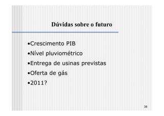 Dúvidas sobre o futuro


•Crescimento PIB
•Nível pluviométrico
•Entrega de usinas previstas
•Oferta de gás
•2011?



                                  38
 