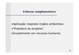 Esforços complementares



•Agilização resposta órgãos ambientais
•“Prateleira de projetos”
•Investimento em recursos humanos




                                         60
 