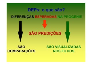 DEPs: o que são?
 DIFERENÇAS ESPERADAS NA PROGÊNIE



        SÃO PREDIÇÕES


    SÃO         SÃO VISUALIZADAS
COMPARAÇÕES        NOS FILHOS
 