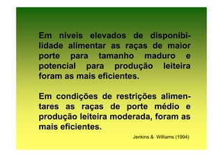 Em níveis elevados de disponibi-
lidade alimentar as raças de maior
porte para tamanho maduro e
potencial para produção leiteira
foram as mais eficientes.

Em condições de restrições alimen-
tares as raças de porte médio e
produção leiteira moderada, foram as
mais eficientes.
                      Jenkins & Williams (1994)
 