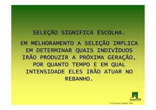 SELEÇ
   SELEÇÃO SIGNIFICA ESCOLHA.
                   SELEÇ
EM MELHORAMENTO A SELEÇÃO IMPLICA
  EM DETERMINAR QUAIS INDIVÍDUOS
                      INDIVÍ
 IRÃO PRODUZIR A PRÓXIMA GERAÇÃO,
                 PRÓ     GERAÇ
    POR QUANTO TEMPO E EM QUAL
  INTENSIDADE ELES IRÃO ATUAR NO
             REBANHO.


                         Luiz Antonio Josahkian -2002
 