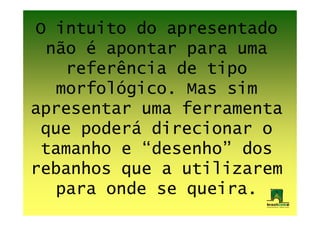 O intuito do apresentado
  não é apontar para uma
    referência de tipo
   morfológico. Mas sim
apresentar uma ferramenta
 que poderá direcionar o
 tamanho e “desenho” dos
rebanhos que a utilizarem
   para onde se queira.
 