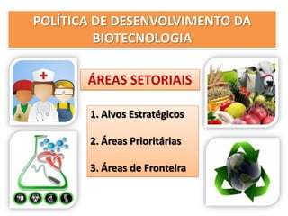 POLÍTICA DE DESENVOLVIMENTO DA
BIOTECNOLOGIA
ÁREAS SETORIAIS
1. Alvos Estratégicos
2. Áreas Prioritárias
3. Áreas de Fronteira