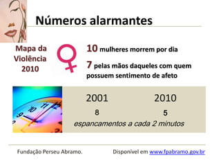 Números alarmantes
Fundação Perseu Abramo. Disponível em www.fpabramo.gov.br
Mapa da
Violência
2010
2001 2010
8 5
espancamentos a cada 2 minutos
10 mulheres morrem por dia
7 pelas mãos daqueles com quem
possuem sentimento de afeto
1
 