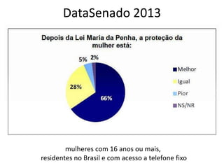 DataSenado 2013
mulheres com 16 anos ou mais,
residentes no Brasil e com acesso a telefone fixo
 