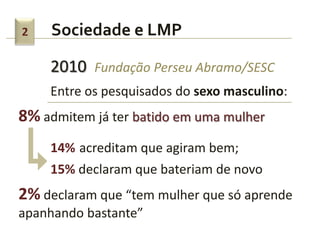 Sociedade e LMP
2010 Fundação Perseu Abramo/SESC
Entre os pesquisados do sexo masculino:
8% admitem já ter batido em uma mulher
14% acreditam que agiram bem;
15% declaram que bateriam de novo
2% declaram que “tem mulher que só aprende
apanhando bastante”
2
 