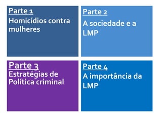 Parte 2
A sociedade e a
LMP
Parte 3
Estratégias de
Política criminal
Parte 1
Homicídios contra
mulheres
Parte 4
A importância da
LMP
 