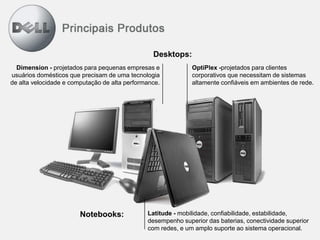 Desktops:
OptiPlex -projetados para clientes
corporativos que necessitam de sistemas
altamente confiáveis em ambientes de rede.
Notebooks: Latitude - mobilidade, confiabilidade, estabilidade,
desempenho superior das baterias, conectividade superior
com redes, e um amplo suporte ao sistema operacional.
Dimension - projetados para pequenas empresas e
usuários domésticos que precisam de uma tecnologia
de alta velocidade e computação de alta performance.
 