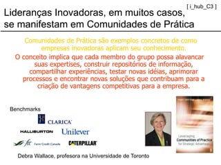 Comunidades de Prática são exemplos concretos de como empresas inovadoras aplicam seu conhecimento. 
O conceito implica que cada membro do grupo possa alavancar suas expertises, construir repositórios de informação, compartilhar experiências, testar novas idéias, aprimorar processos e encontrar novas soluções que contribuam para a criação de vantagens competitivas para a empresa. 
Debra Wallace, profesora na Universidade de Toronto 
[ i_hub_C3 ] 
Lideranças Inovadoras, em muitos casos, se manifestam em Comunidades de Prática 
Benchmarks  