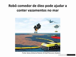 Robô comedor de óleo pode ajudar a conter vazamentos no mar 
Fonte: Aeros (Airborne Robotic Oil Spill Recovery System)  