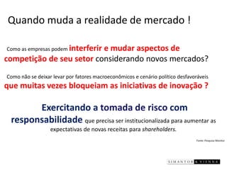 Fonte: Pesquisa Monitor 
Quando muda a realidade de mercado ! 
Como as empresas podem interferir e mudar aspectos de competição de seu setor considerando novos mercados? 
Como não se deixar levar por fatores macroeconômicos e cenário político desfavoráveis que muitas vezes bloqueiam as iniciativas de inovação ? 
Exercitando a tomada de risco com responsabilidade que precisa ser institucionalizada para aumentar as expectativas de novas receitas para shareholders.  