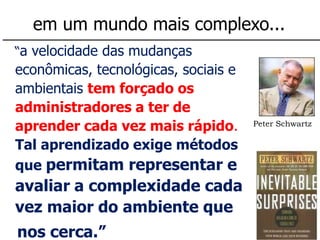 “a velocidade das mudanças econômicas, tecnológicas, sociais e ambientais tem forçado os administradores a ter de aprender cada vez mais rápido. Tal aprendizado exige métodos que permitam representar e avaliar a complexidade cada vez maior do ambiente que 
nos cerca.” 
em um mundo mais complexo... 
Peter Schwartz  