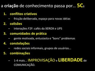a criaçãode conhecimento passa por…5Cs 
1.conflitos criativos 
–fricção deliberada, espaço para novas idéias 
2.colisões 
–interações F2F: cafés da XEROX e UPS 
3.comunidades de prática 
–gente motivada, entusiasta e “bons” problemas 
4.constelações 
–redes sociais informais, grupos de usuários... 
5.combinações 
–1-4 mais...IMPROVISAÇÃOe LIBERDADEde COMUNICAÇÃO.  