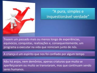 “A pura, simples e
inquestionável verdade”

Trazem um passado mais ou menos longo de experiências,
equívocos, conquistas, realizações e, consequentemente, um
programa a executar na vida que reiniciam junto de nós.
A criança é um espírito que nos foi confiado por algum tempo
Não há anjos, nem demônios, apenas criaturas que muito se
aperfeiçoaram ou muito se transviaram, mas que continuam sendo
seres humanos.

 