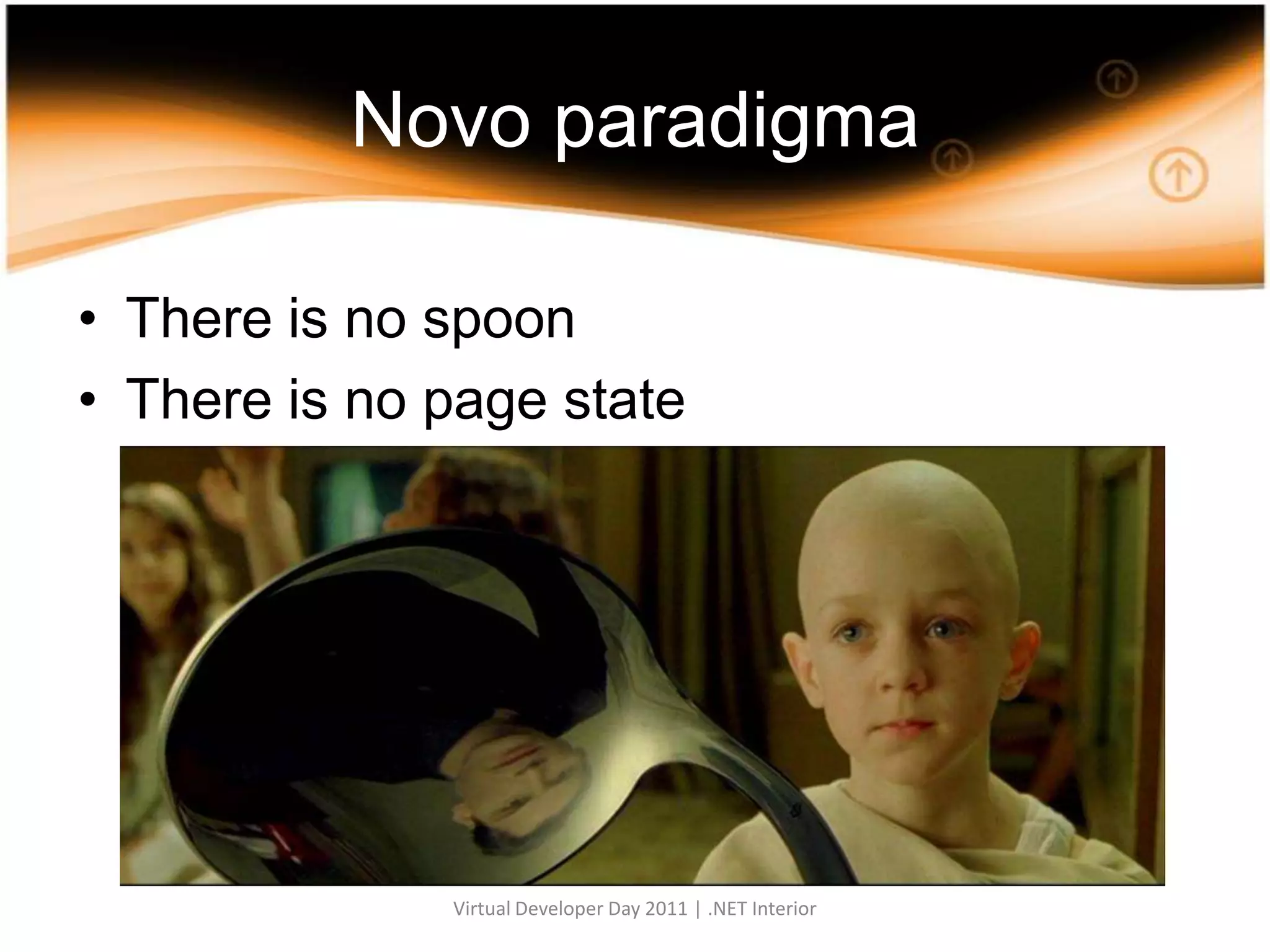 Novo paradigmaThereis no spoonThereis no pagestateVirtual Developer Day 2011 | .NET Interior