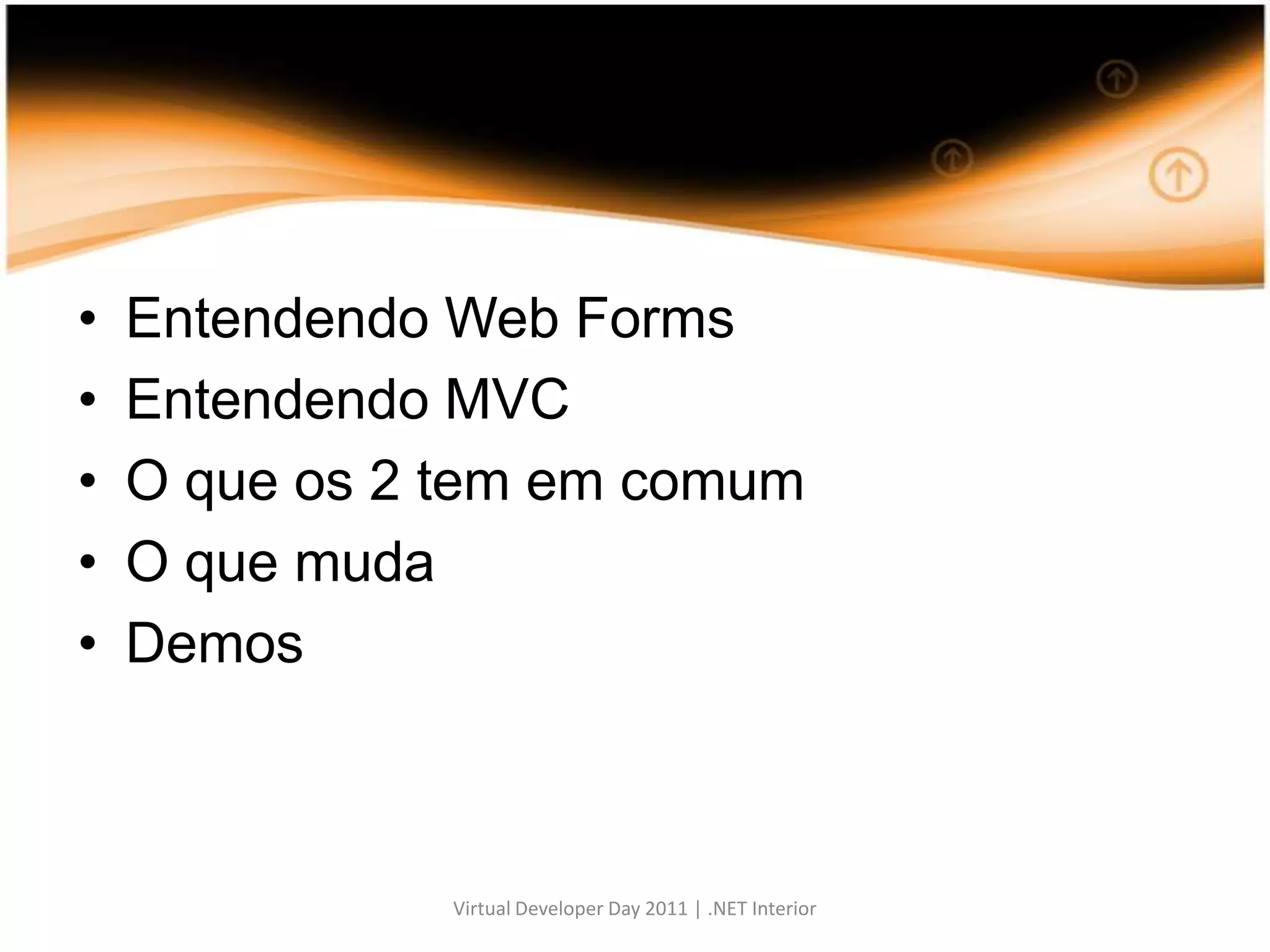 Entendendo Web FormsEntendendo MVCO queos 2 tem emcomumO quemudaDemos Virtual Developer Day 2011 | .NET Interior